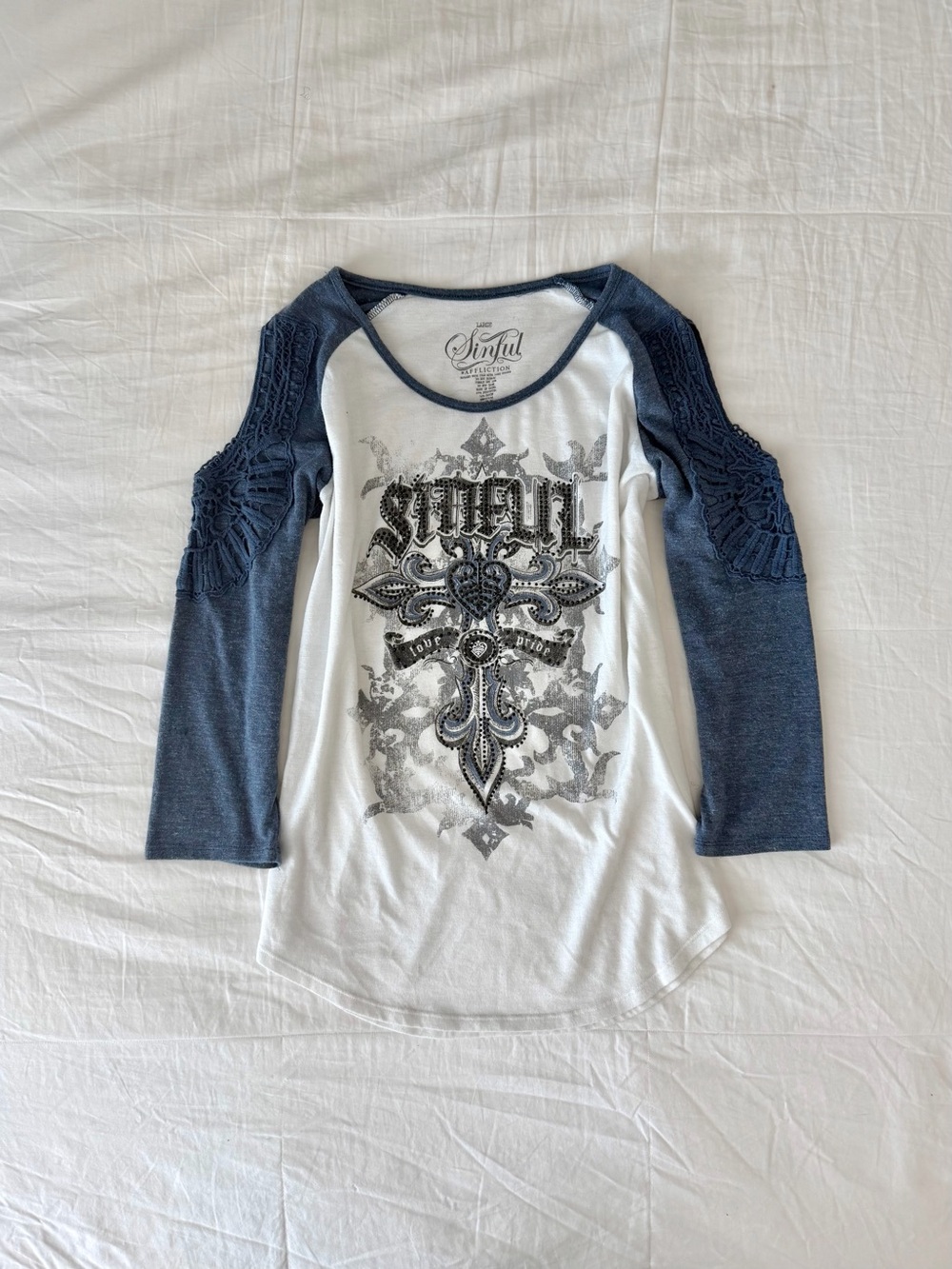 Y2K Grunge Sinful Affliction Rhinestone Cut Out Longsleeve Top Size L